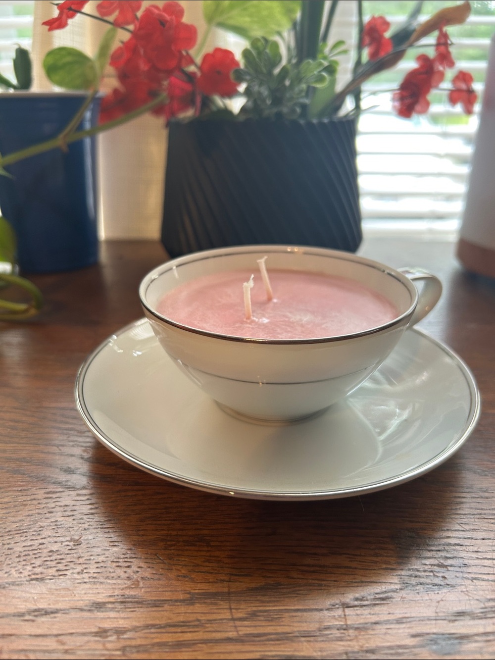 Pink Candle in White Teacup with Silver Trim